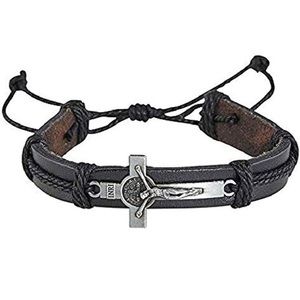 Saint Benedict Medal Crucifix Leather Bracelet